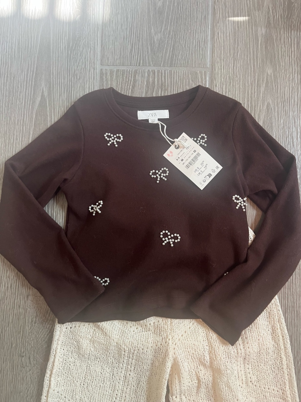 Zara Chocolate Brown Crewneck Sweater with Pearl Bow Accents